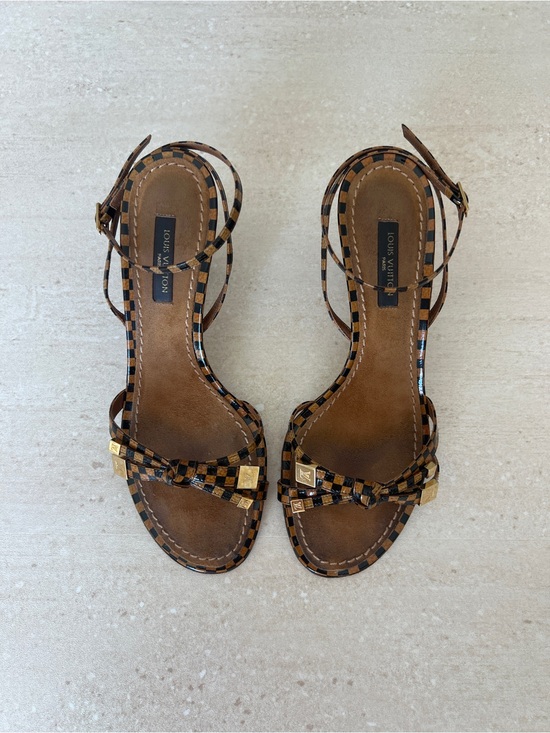 Louis Vuitton Shoes - Vintage Louis Vuitton Damier Brown Checkered Strappy Sandals with Gold Accents
